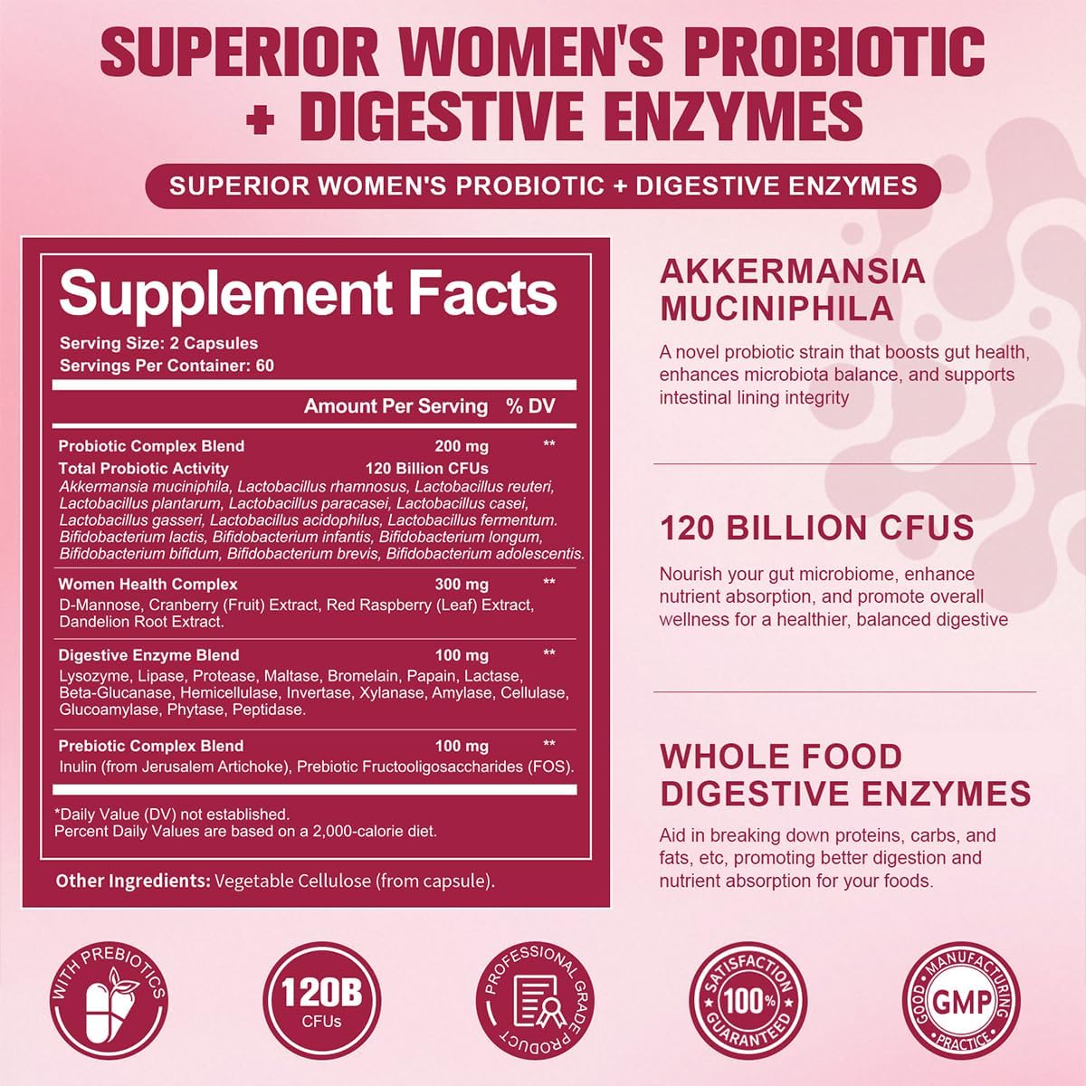 Totaria Probiotics for Women, 120 Billion Women Probiotic, with Akkermansia, Digestive Enzymes & Prebiotics, Cranberry, D-Mannose, for Gut, Vaginal, Urinary, Immune, PH Balance, 120 Vegan Capules - Image 3