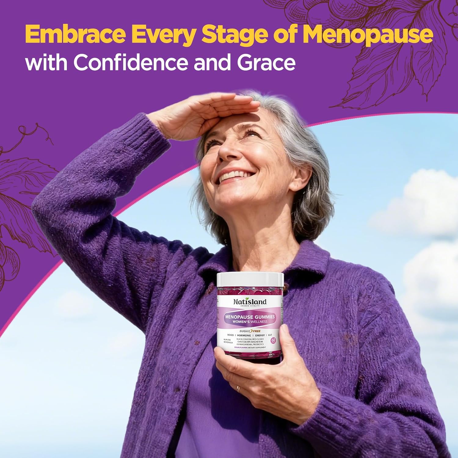 Menopause Supplements for Women Gummies, Hot Flashes & Night Sweats Support, Menopause Relief with Black Cohosh, Chasteberry & Probiotics, Sugar Free, Vegan, Grape Flavor, 60 Count - Image 7