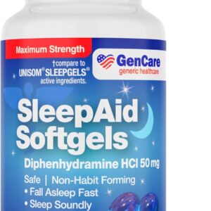 GenCare Maximum Strength Nighttime Sleep Aid Supplement for Adults Deep Sleep Pills with Diphenhydramine HCl 50mg to Fall Asleep Faster- Strong Non-Habit Forming PM Sleeping Relief [96 Softgels]