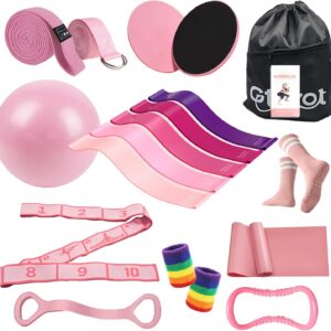 Pilates Essentials Kit for Women, Yoga Exercise Equipment Set for Home Workouts with Mini Ball, Resistance Bands, Sliding Disks & Accessories - Fitness Set for Yoga & Pilates Beginners(Pink)
