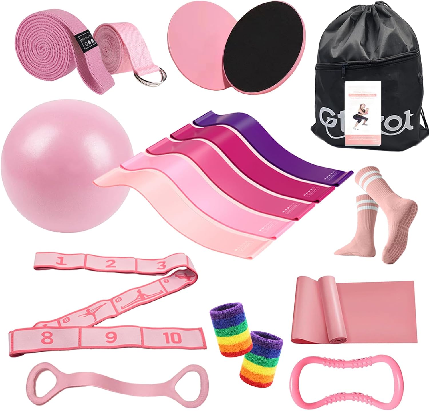 Pilates Essentials Kit for Women, Yoga Exercise Equipment Set for Home Workouts with Mini Ball, Resistance Bands, Sliding Disks & Accessories - Fitness Set for Yoga & Pilates Beginners(Pink)
