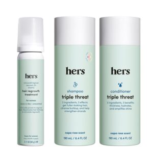 hers Triple Threat Shampoo, Conditioner, & Minoxidil Set - Includes 5% Minoxidil Foam Solution - Hair Thickening & Strengthening Formula - Paraben-Free, Vegan, Color-Safe - 3 Count
