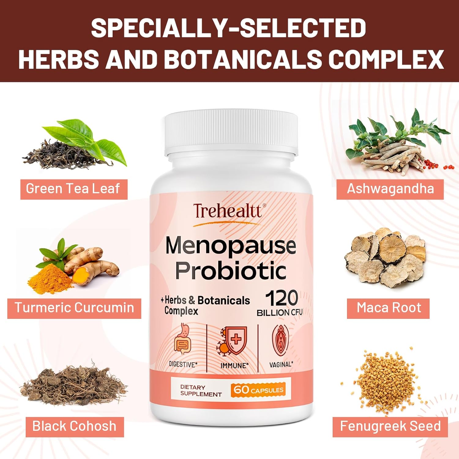 Menopause supplements for women, 120 Billion CFU Probiotic, 13-in-1 Herbs & Botanicals Complex, for Hormone Menopause, Hot Flashes, Night Sweats, Mood Swings, Sleep Disturbances, Vegan, 120 Caps - Image 4