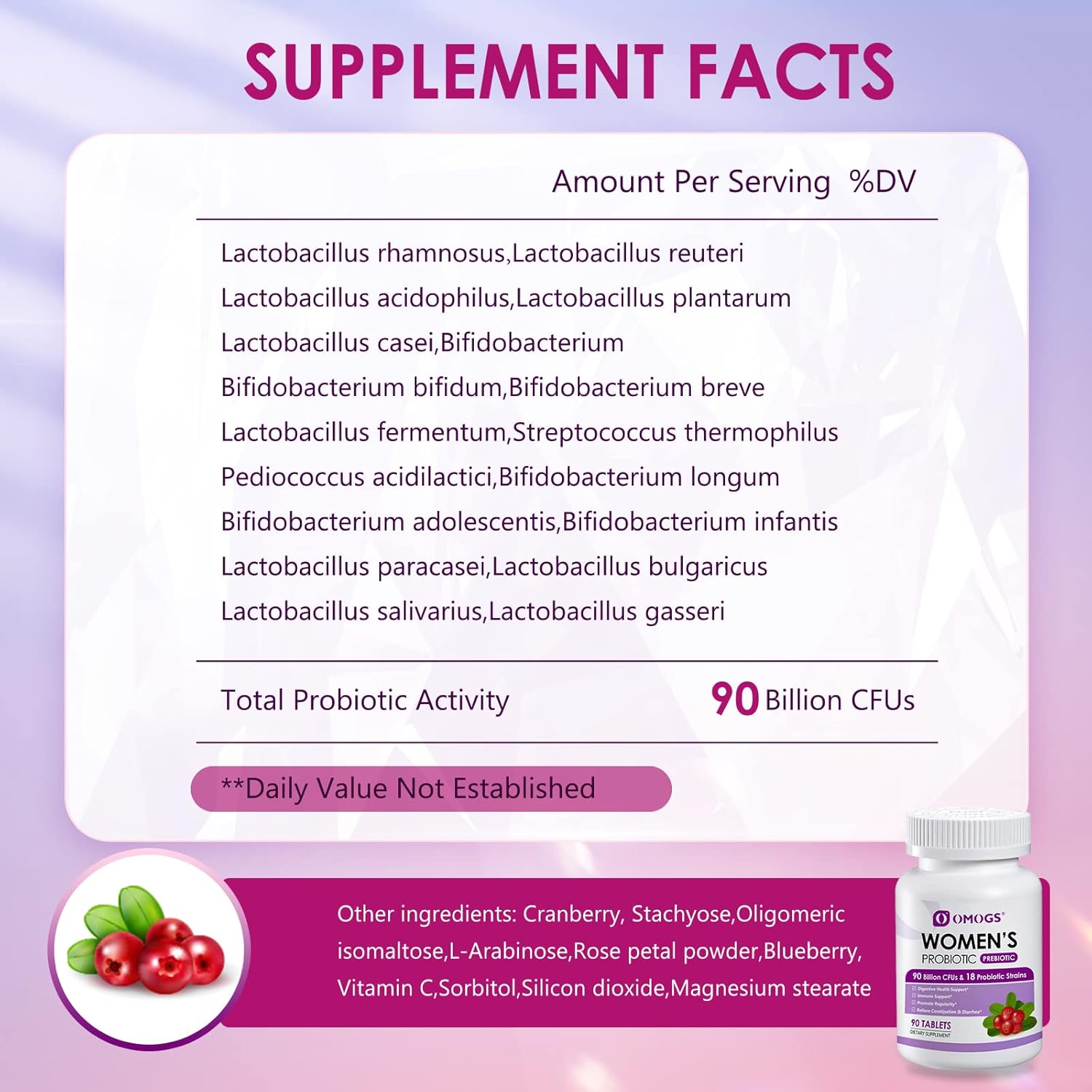 OMOGS Women's Probiotic, with Cranberry Extract, Organic Prebiotics & Vitamin C, 90 Billion CFUs,18 Strains, Help for Boost Immune, Digestive, Gut Health & Women's Health, Gluten & Soy Free,90 Tablets - Image 2