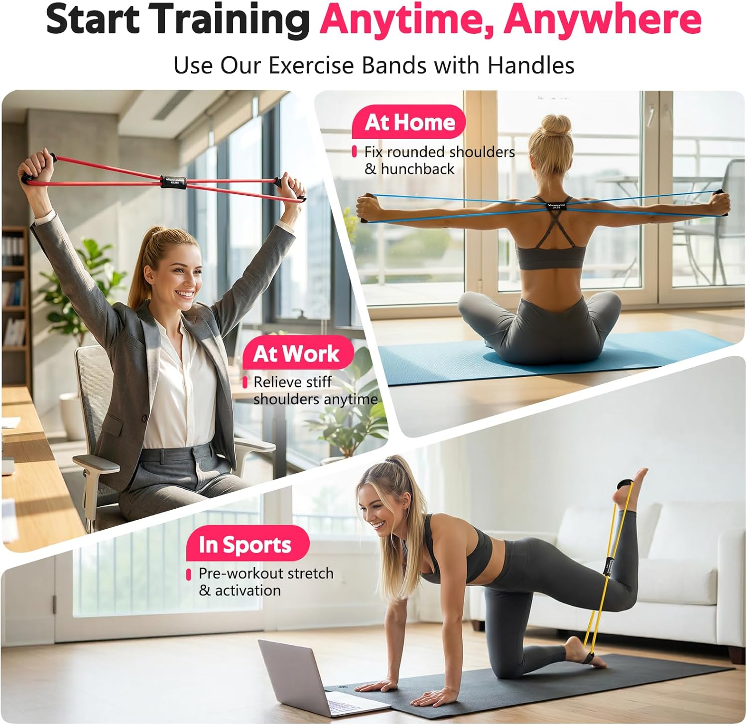 RENRANRING Figure 8 Fitness Resistance Bands with Handles - Exercise Tube Band Set of 3 for Arm and Shoulder Stretch, Rope 8 Word Elastic for Women and Men - Image 3