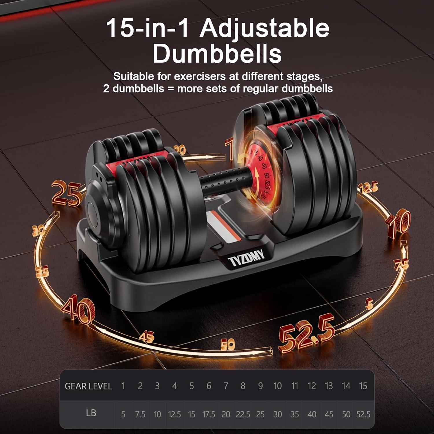 TYZDMY Adjustable Dumbbells Set of 2,Free Weights Dumbbells Set,Adjustable Dumbbell Set,52.5 lbs pair 105 lbs,15 in 1,for Men/Women Gym Equipment for Home Strength Training Equipment - Image 3