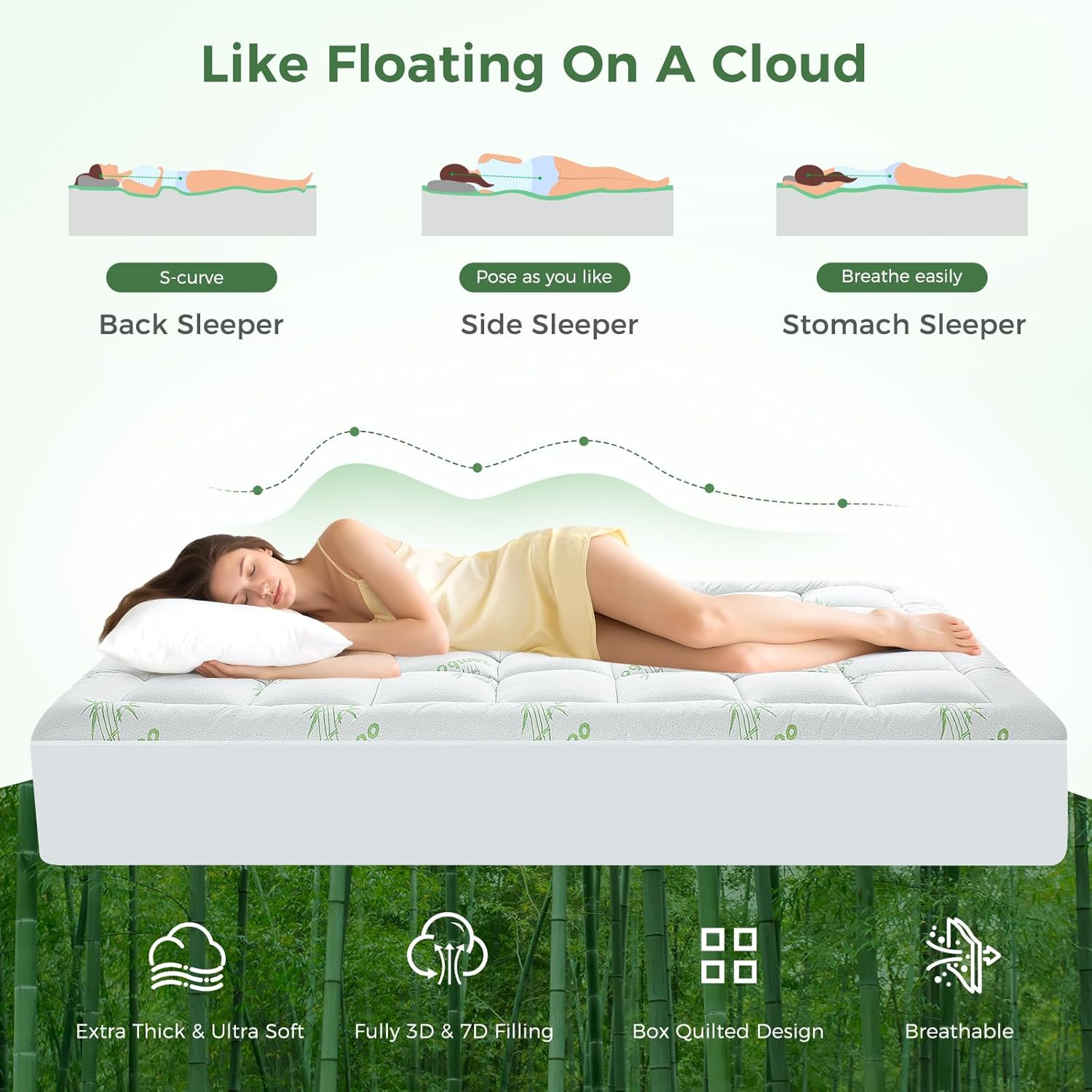 HYLEORY Mattress Topper - Thick Bamboo-Viscose Naturally Cooling Pillow Top Mattress Pad Breathable Fluffy Soft Mattress pad for Back Pain Relief, King Size, Green - Image 5