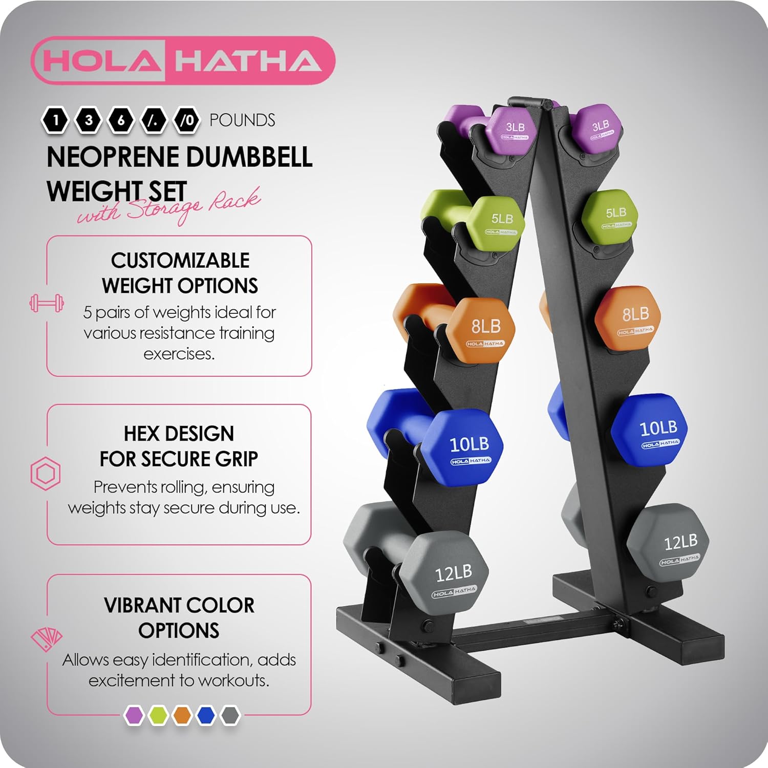 HolaHatha Neoprene Dumbbell Weights Set w/Rack, Home Gym Equipment - Portable Weighted Exercise Dumbbells for Fitness, Training, and Lifting Workouts - Image 4