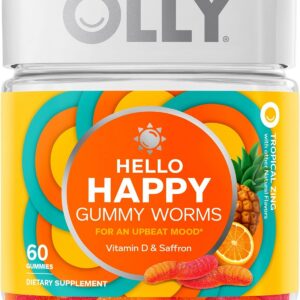 OLLY Hello Happy Gummy Worms, Mood Support Gummies For Adults,* Saffron Extract, Vitamin D, Tropical Zing Flavored, 30 Day Supply - 60 Count