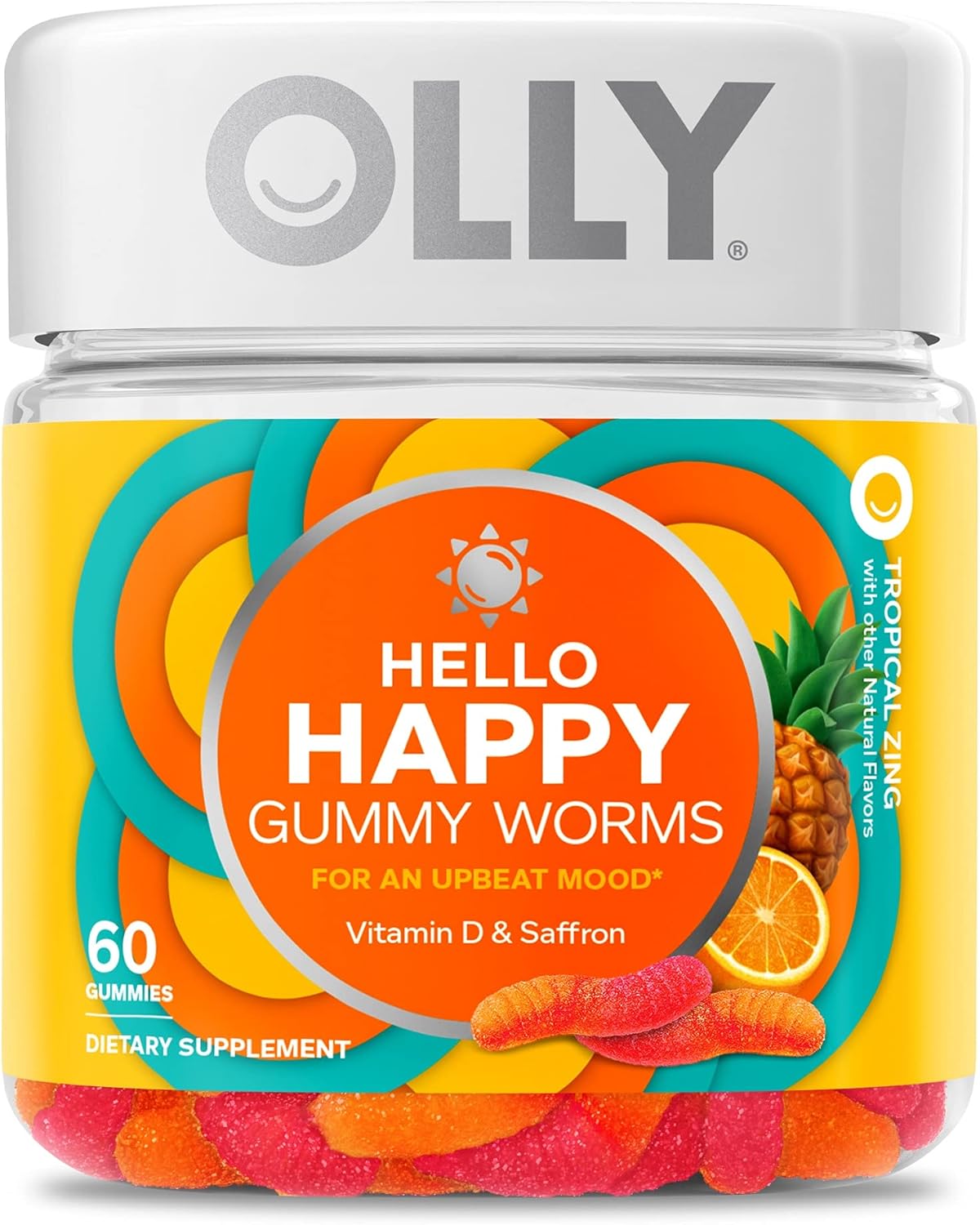 OLLY Hello Happy Gummy Worms, Mood Support Gummies For Adults,* Saffron Extract, Vitamin D, Tropical Zing Flavored, 30 Day Supply - 60 Count