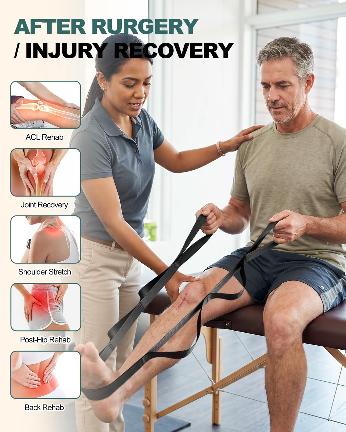 Trideer Non-Elastic Stretching Strap with Loops for Physical Therapy & Rehab, Knee Hip Leg ROM Post-Surgery, Yoga Strap for Stretching, Leg Lifter Strap Mobility Aid, Hamstring Calf Back - Image 4