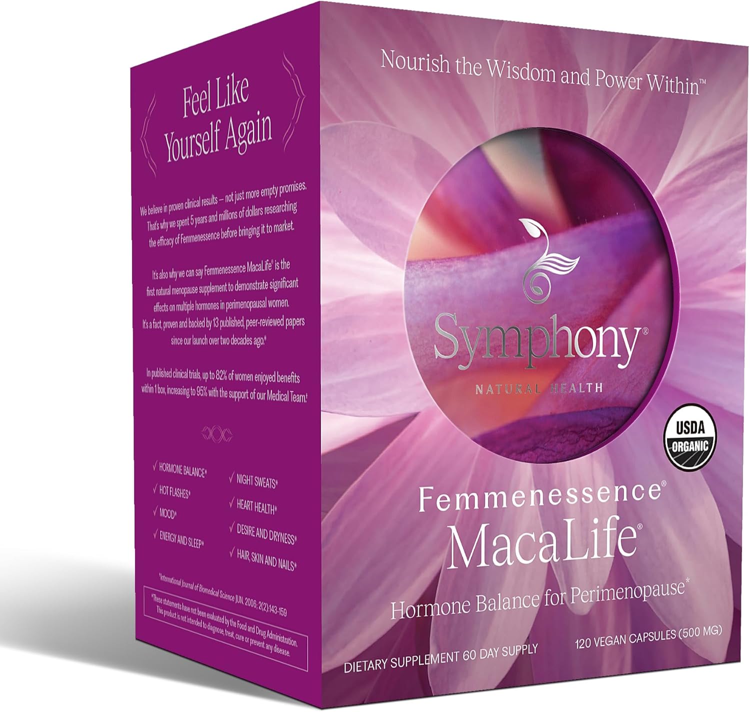 Femmenessence® MacaLife® – Clinically Proven Perimenopausal Organic Vegan Supplement for Natural Hormone Balance, Symptom Relief, Heart & Mood Support (120 Capsules, 60 Day Supply) - Image 6