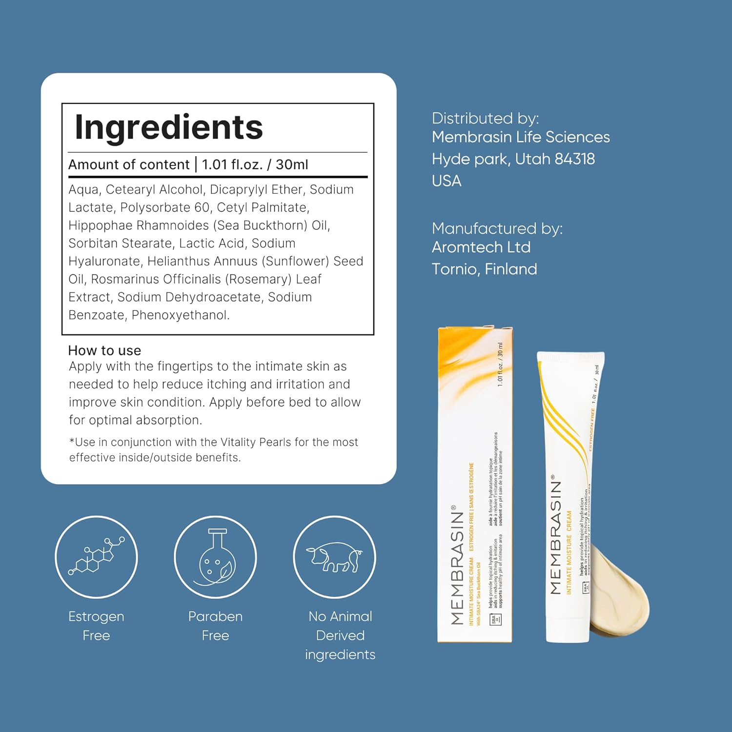 Membrasin Vaginal Moisture Cream with Hyaluronic Acid, Relieves Vaginal Dryness, Itching and Burning, Menopause Support, Hormone Free, Plant Based Formula with Omega 3 6 7 9 and Vitamin E, 30 ml - Image 8