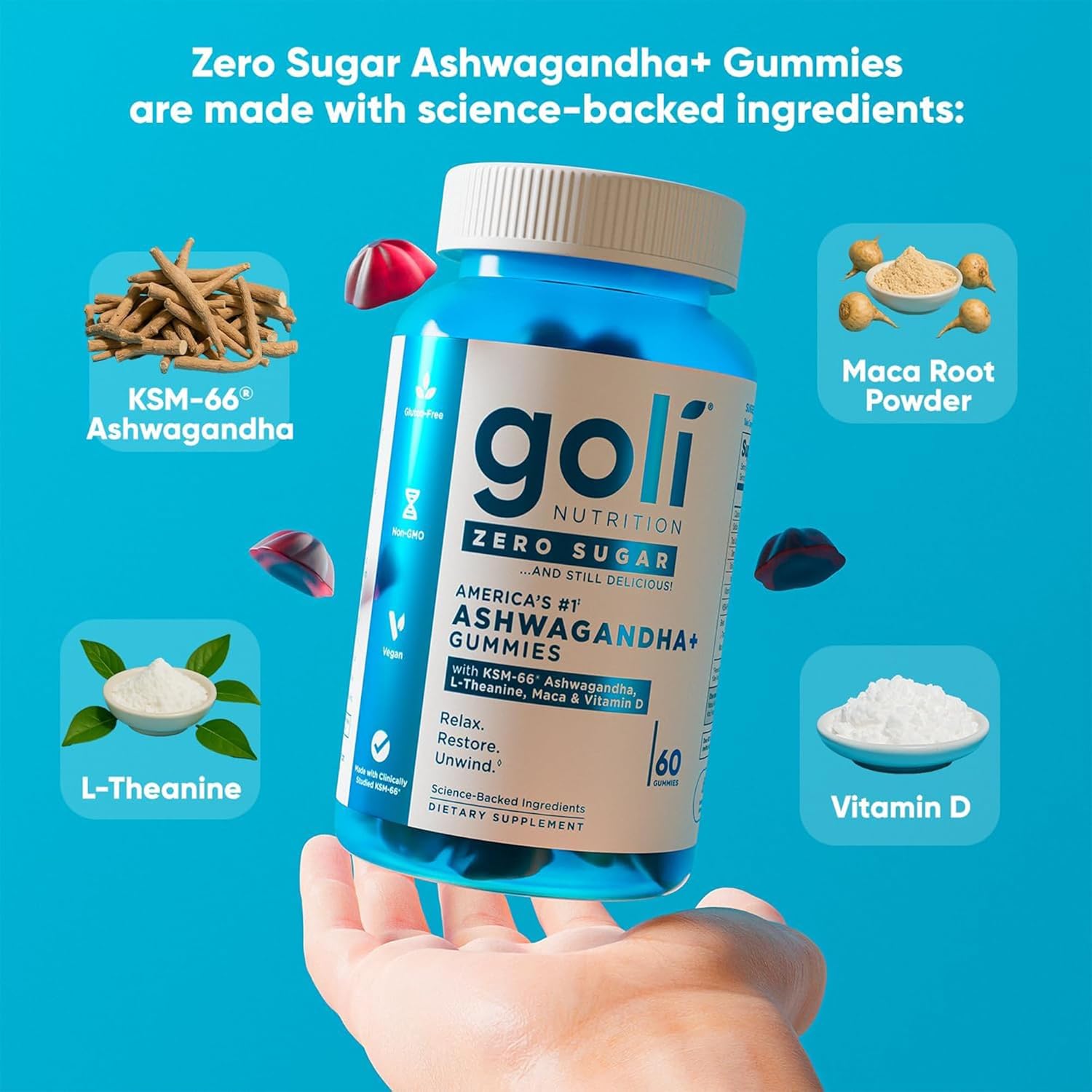 Goli Zero Sugar Trio - World's First 3-in-1 Pre, Post, Probiotic, Apple Cider Vinegar with Vitamin B12 and Probiotics, Ashwagandha & L-Theanine, Vitamin D Gummies, 90 Count (3-Bottle Set) - Image 9
