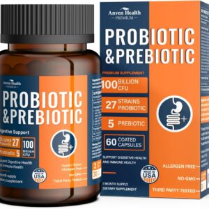 100 Billion Probiotics for Men and Women 27 Strains 5 Organic Prebiotics for Gut Digestive & Immune Health, Supports Diarrhea Gas Bloating, Non-GMO, Zero Fillers – Made in USA丨60 Caps