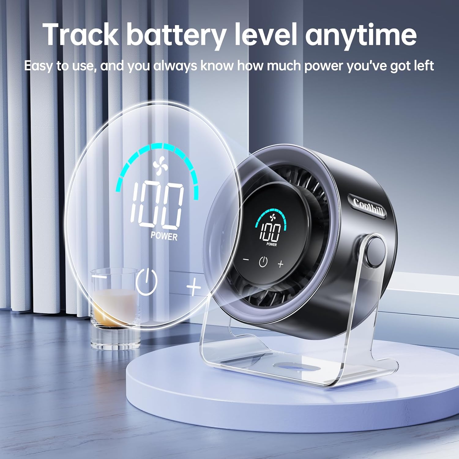 USB Desk Fan for Bedroom: 100 Speeds Digital Display Quiet Table Fan with Turbo Airflow, 120° Rotating Small Rechargeable Battery Desktop Fans for Bedroom Home Office (Black) - Image 7