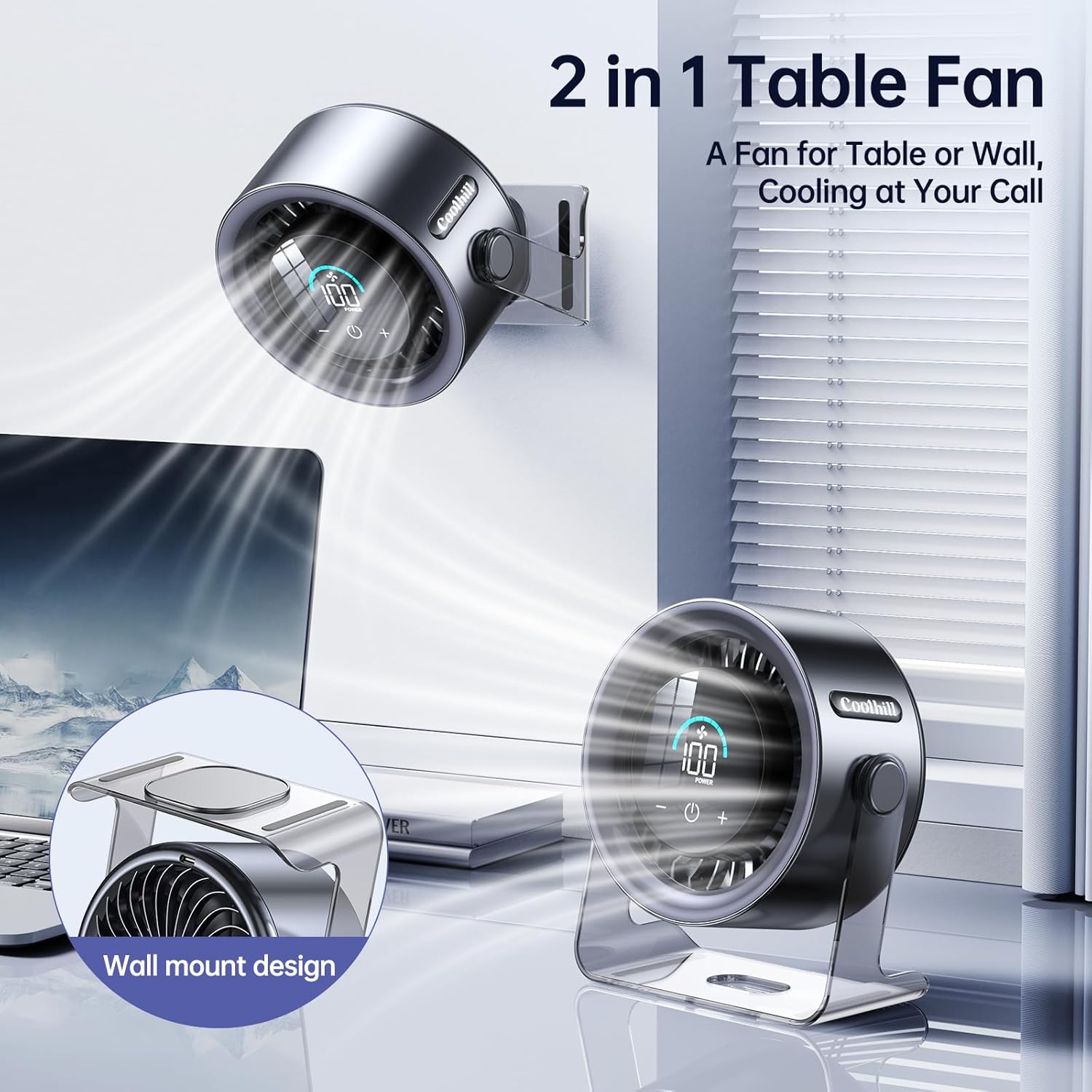 USB Desk Fan for Bedroom: 100 Speeds Digital Display Quiet Table Fan with Turbo Airflow, 120° Rotating Small Rechargeable Battery Desktop Fans for Bedroom Home Office (Black) - Image 3