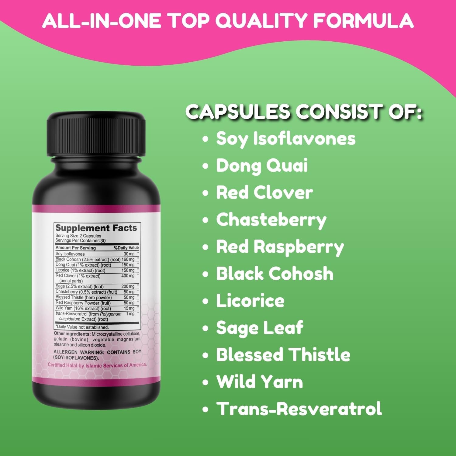 SHIFAA NUTRITION Hormones Balance & Menopause Supplements for Women, Menopause Relief - Support for Hot Flashes, Mood Swings w/Black Cohosh & Red Clover Halal Vitamins, 30 Servings - Image 8