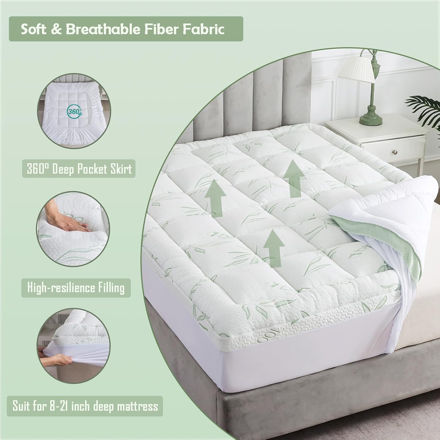 WhatsBedding Queen Mattress Topper, Soft Pillow Top Mattress Topper with Deep Pocket Fits 8–21 Inch,7D Spiral Fiber Filling, Bamboo Viscose Air Layer Mattress Topper Queen. - Image 4