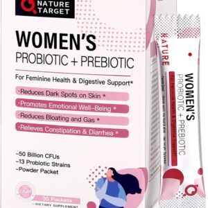 NATURE TARGET Probiotics for Women Probiotic Powder - 50 Billion CFUs, 13 Strains Supports for Digestive Vaginal Health, Bloating Relief, 30 Stick Packs