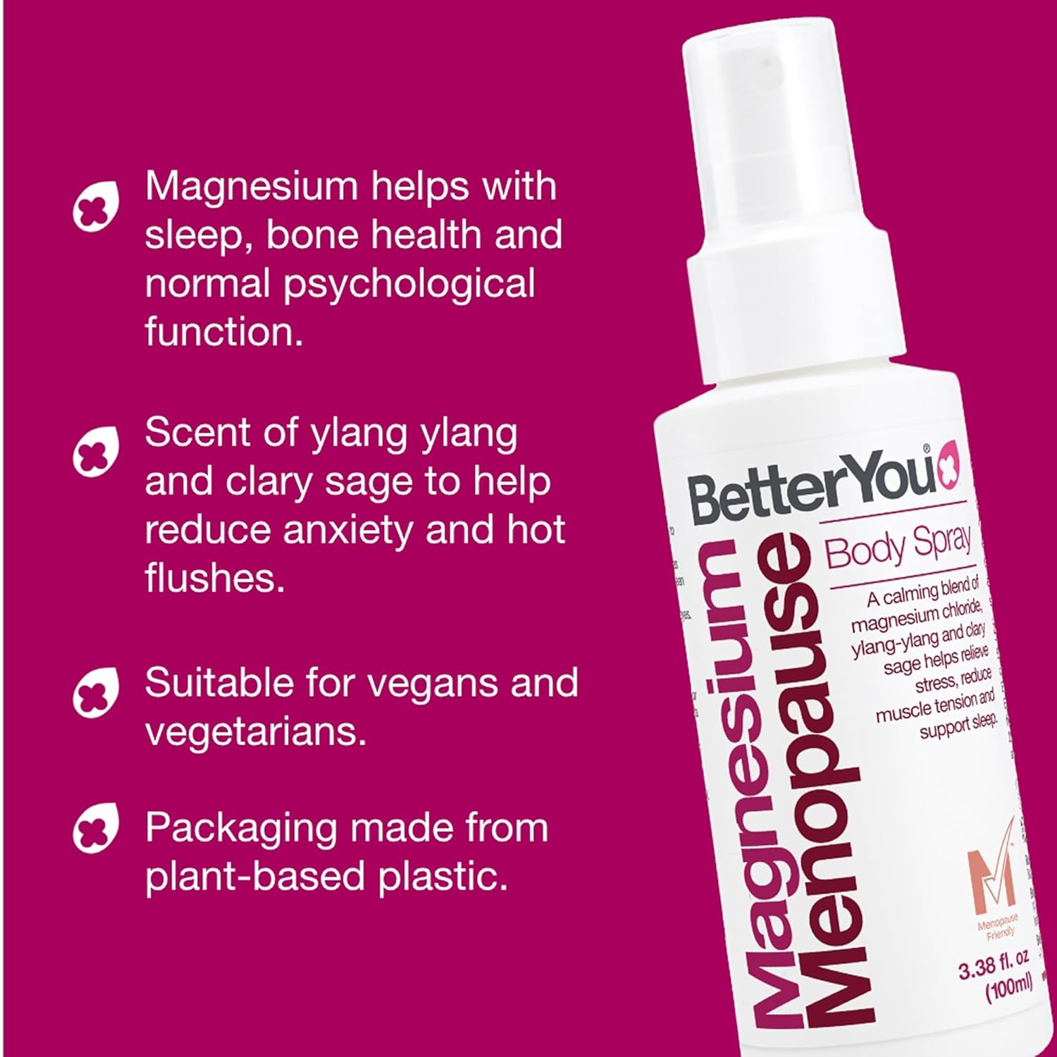 BetterYou Menopause Body Spray - Magnesium Chloride Spray for Menopause Relief - With Ylang Ylang and Clary Sage - Muscle and Sleep Support - 3.38 oz - Image 4