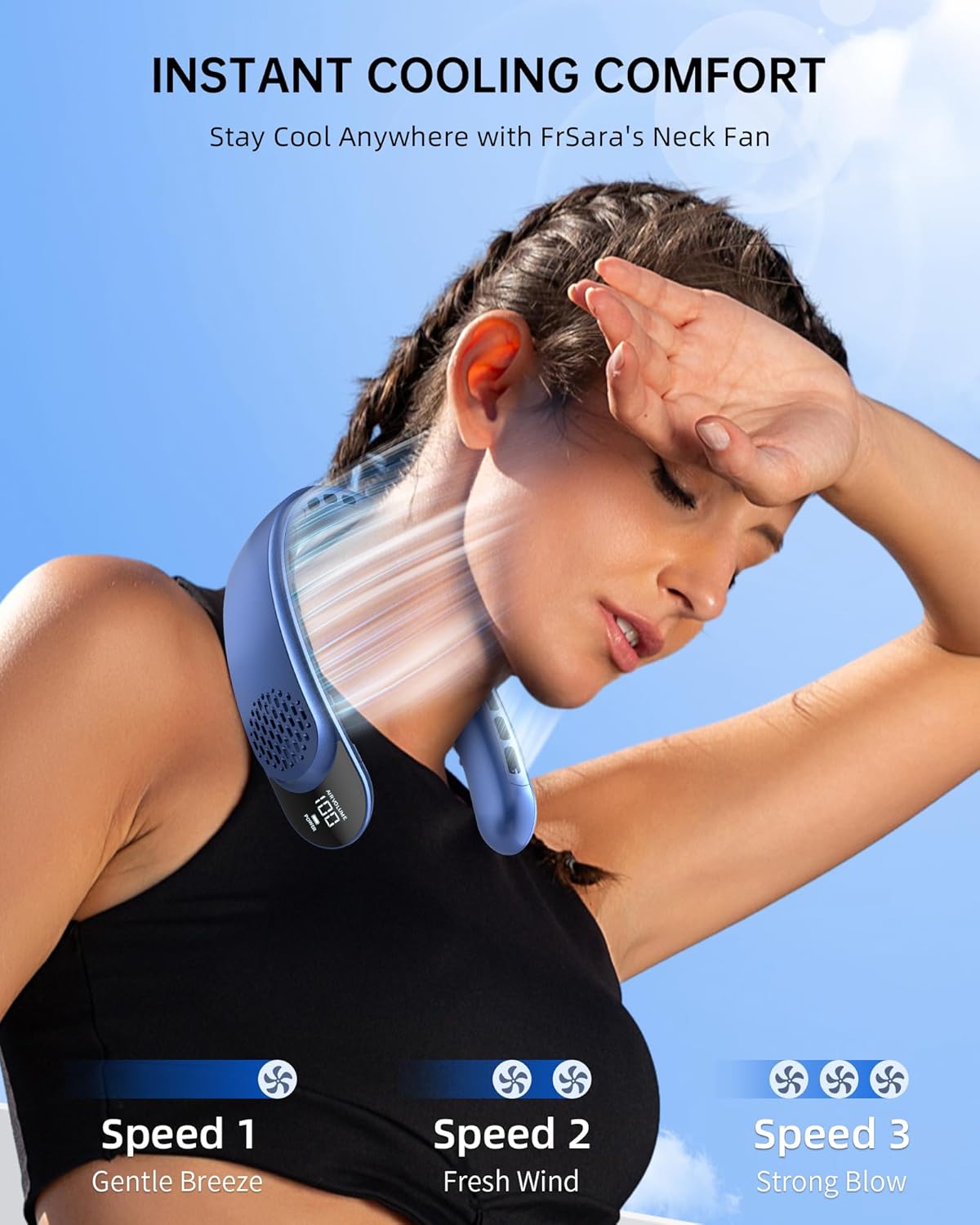 FrSara Portable Neck Fan Rechargeable, Neck Fans that Blow Cold Air, Personal Neck Cooler with 4000mAh, LED Display, 3 Speeds, USB TYPE-C, Ideal Gift for Women, Travel, Men, Sports, Denim - Image 3