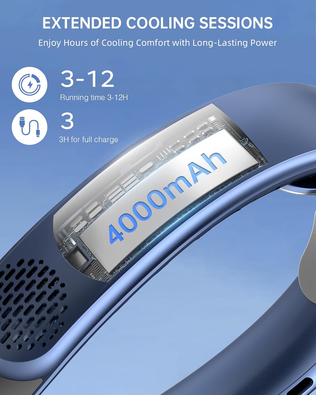 FrSara Portable Neck Fan Rechargeable, Neck Fans that Blow Cold Air, Personal Neck Cooler with 4000mAh, LED Display, 3 Speeds, USB TYPE-C, Ideal Gift for Women, Travel, Men, Sports, Denim - Image 5