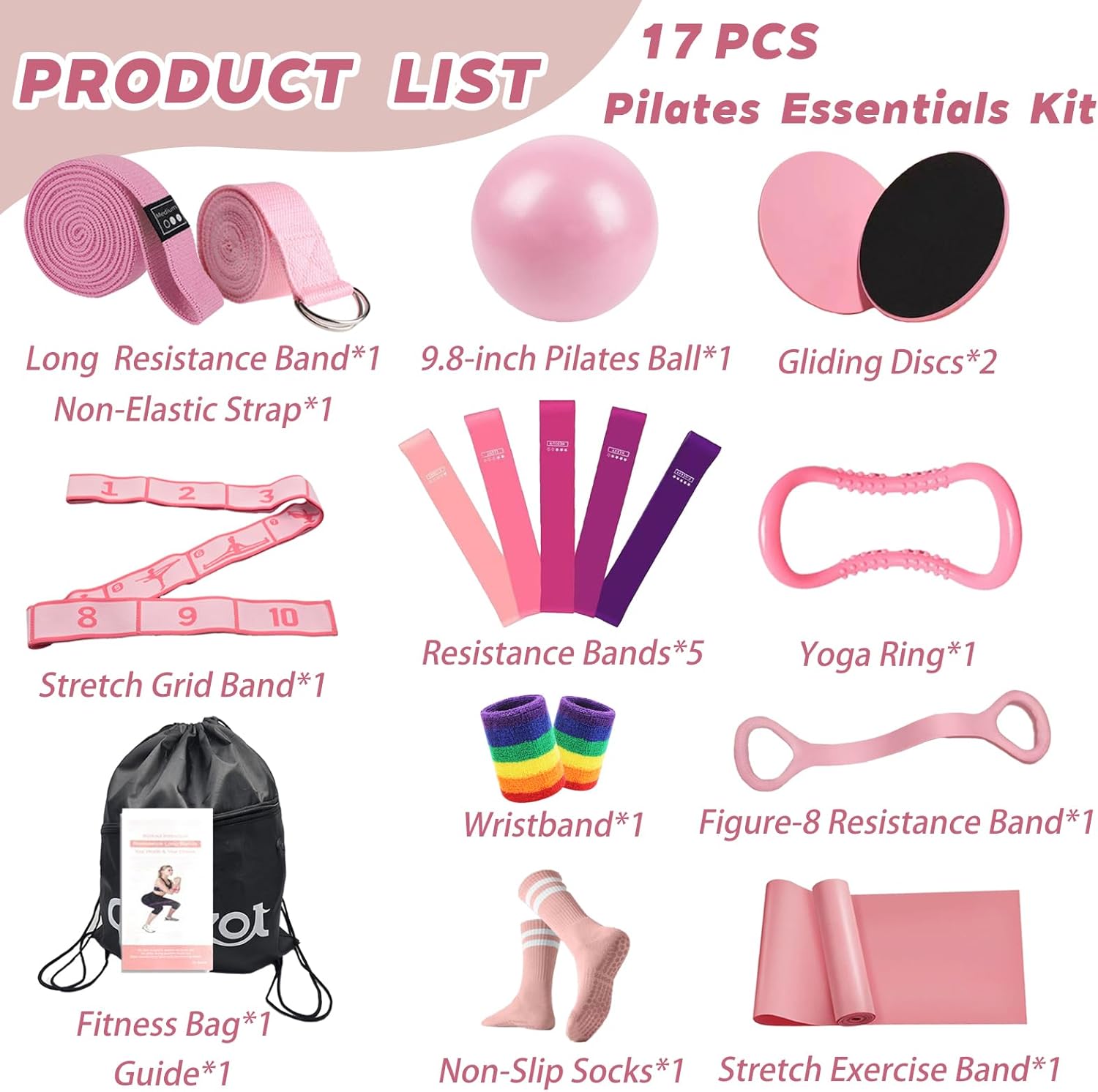 Pilates Essentials Kit for Women, Yoga Exercise Equipment Set for Home Workouts with Mini Ball, Resistance Bands, Sliding Disks & Accessories - Fitness Set for Yoga & Pilates Beginners(Pink) - Image 2