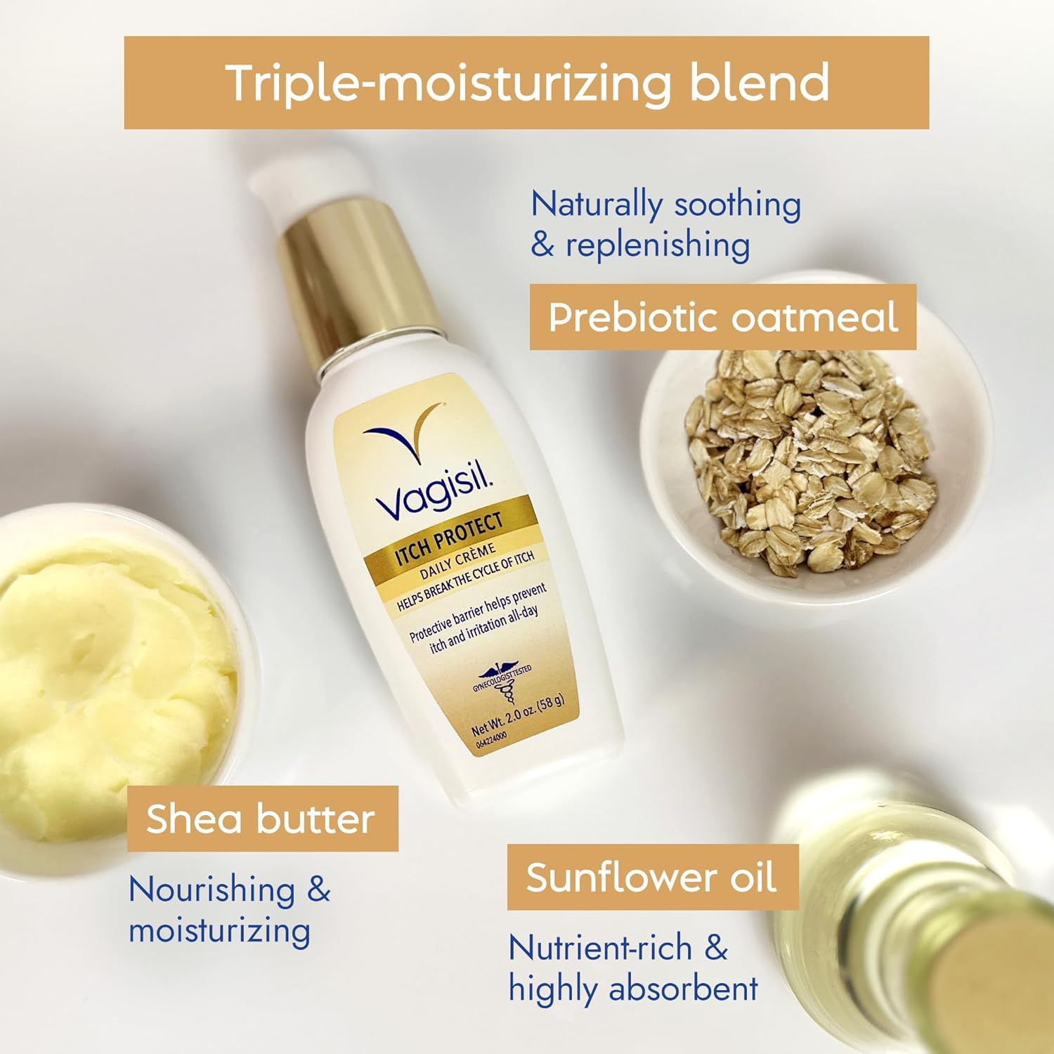 Vagisil Itch Protect Daily Creme with Prebiotic Oatmeal, Fragrance-Free Protective Formula with Shea Butter and Sunflower Oil, pH Balanced Fast-Absorbing Moisturizer, Hypoallergenic, 2 oz - Image 4