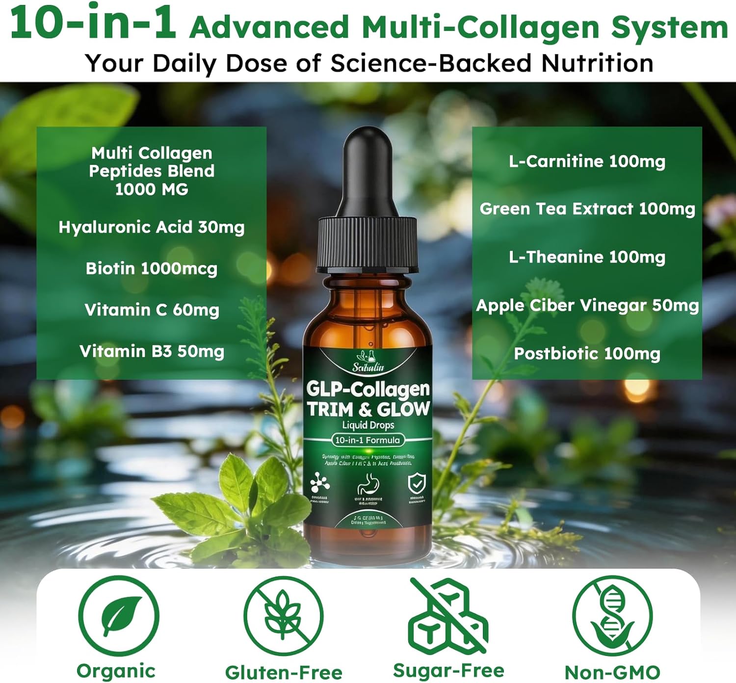 Liquid Collagen for Women GLP 10-in-1 Formula Multi Collagen Burn Drops Trim & Glow Hyaluronic Acid Biotin Green Tea L-Carnitine & ACV for Hair Growth Metabolism Skin Gut & Digestive Health - Image 2