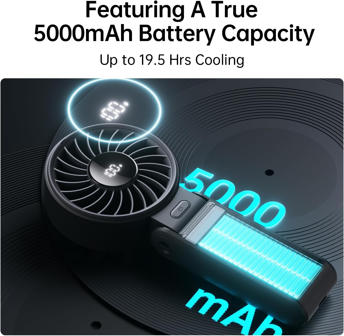 JISULIFE Handheld Fan Life7 – Ultimate Flexibility: Wide & Strong Airflow, 19.5H Max Cooling, 5000mAh Rechargeable, 5-Speed, LED Display, 3 IN 1 Portable Fan for Travel, Concerts, Sports Events(Black) - Image 4