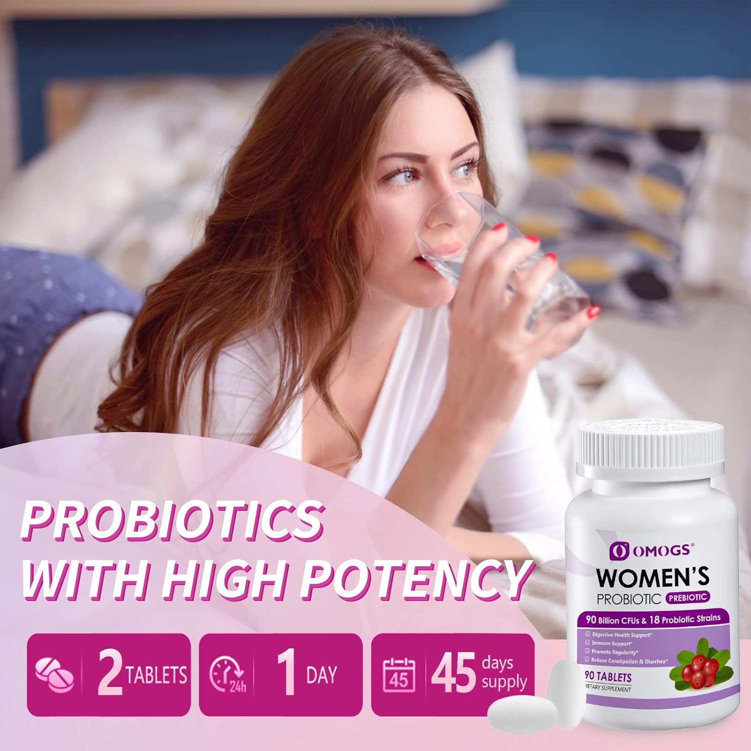 OMOGS Women's Probiotic, with Cranberry Extract, Organic Prebiotics & Vitamin C, 90 Billion CFUs,18 Strains, Help for Boost Immune, Digestive, Gut Health & Women's Health, Gluten & Soy Free,90 Tablets - Image 7