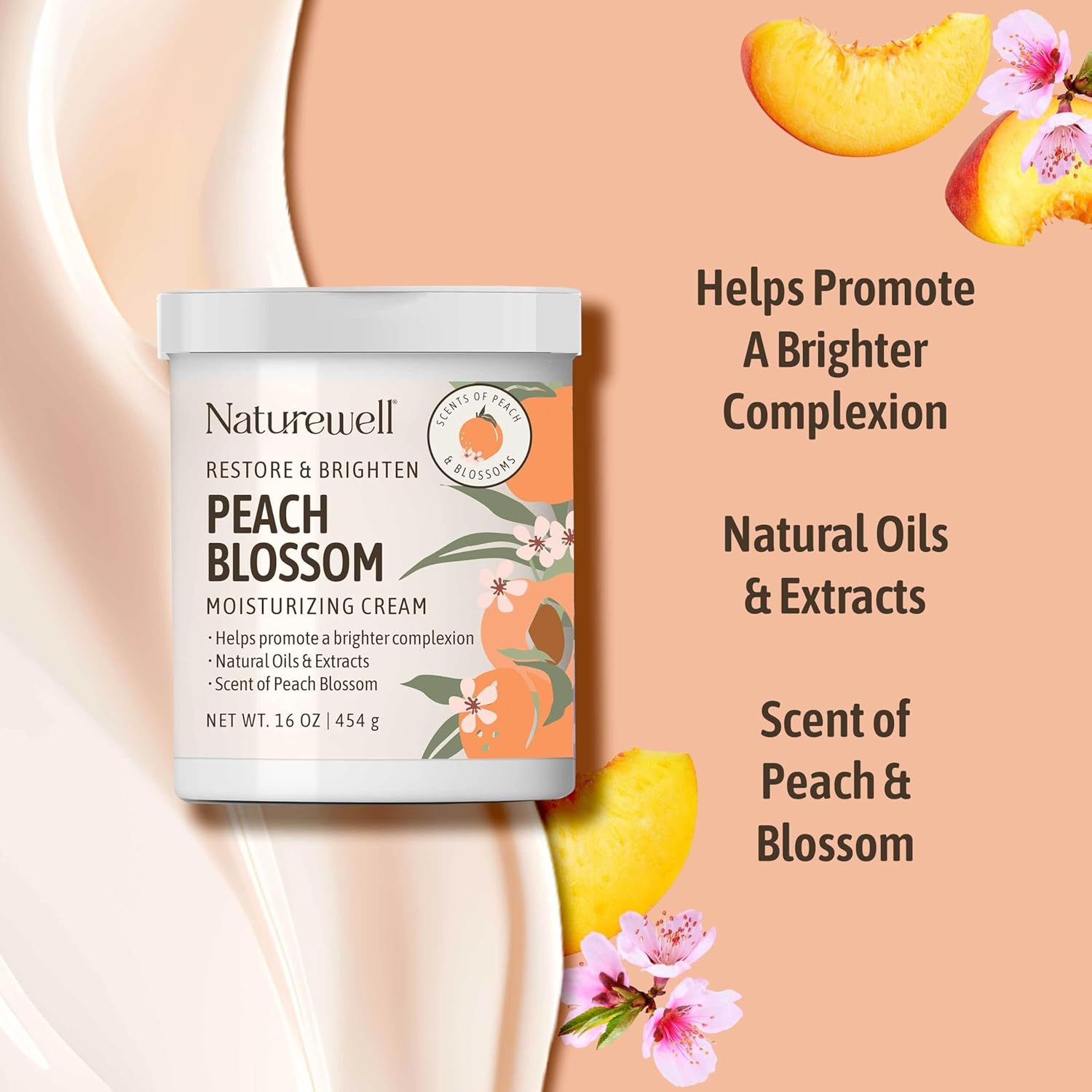 NATURE WELL Peach Blossom Restore & Brighten Moisturizing Cream For Face & Body, Infused With Peach Extract, Niacinamide, & Hyaluronic Acid, Promotes A Brighter Complexion, 16 Oz. - Image 4