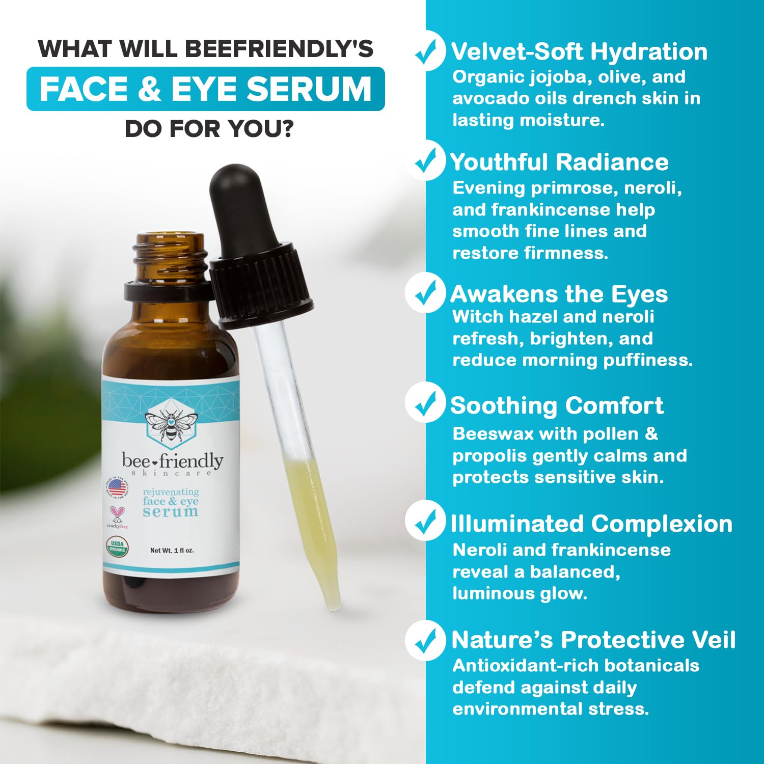Organic Face & Eye Serum By BeeFriendly, Deep Hydration, Nourishes, Tightens, and Firms Facial Skin, and Lifts Facial Skin USDA Certified & All Natural Serum for Face, Women or Men, 1 oz - Image 3