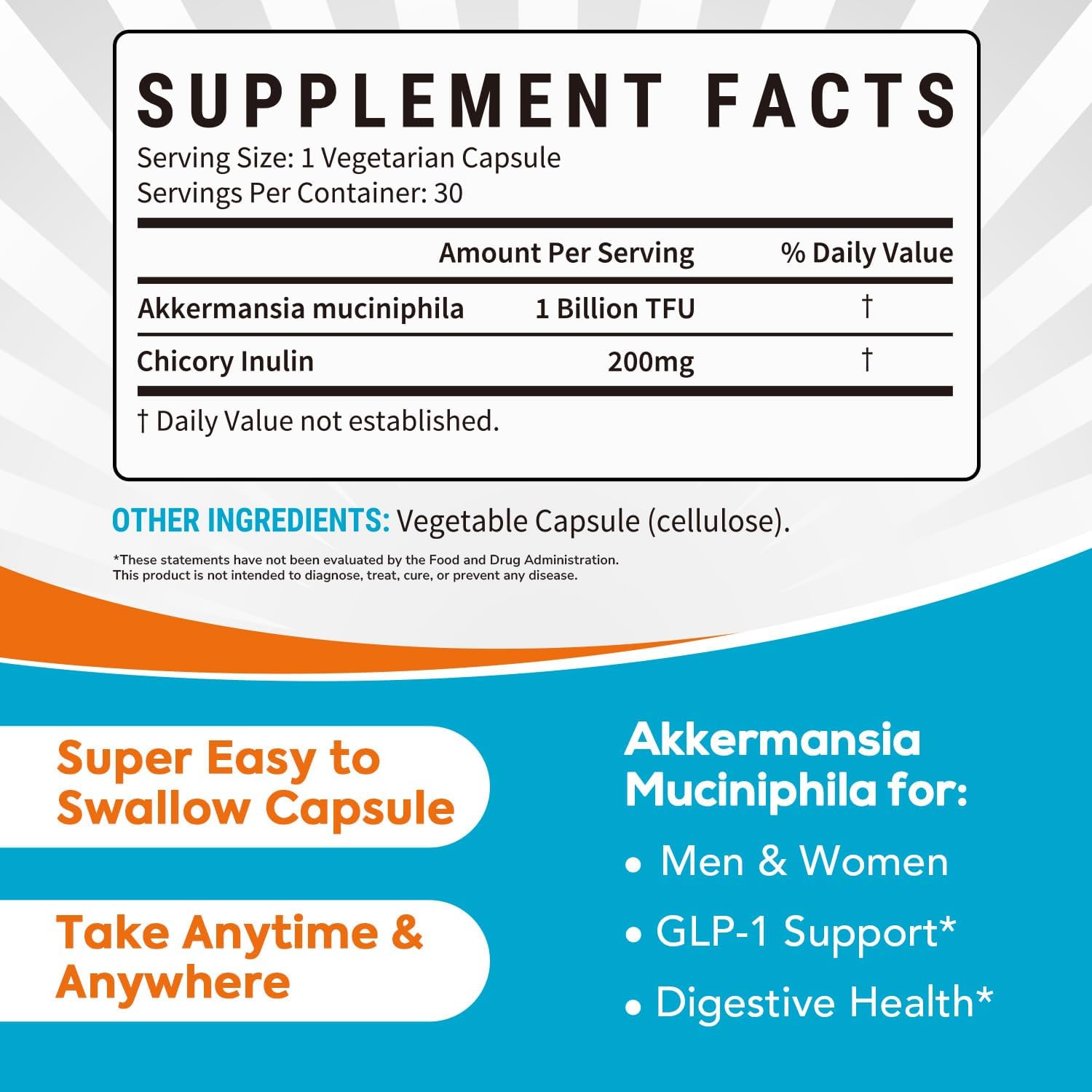 Akkermansia Probiotic GLP-1, 1 Billion TFU, Akkermansia Muciniphila with Prebiotic Inulin, for Men & Women, Vegan, Non-GMO, 30 Caps - Image 2