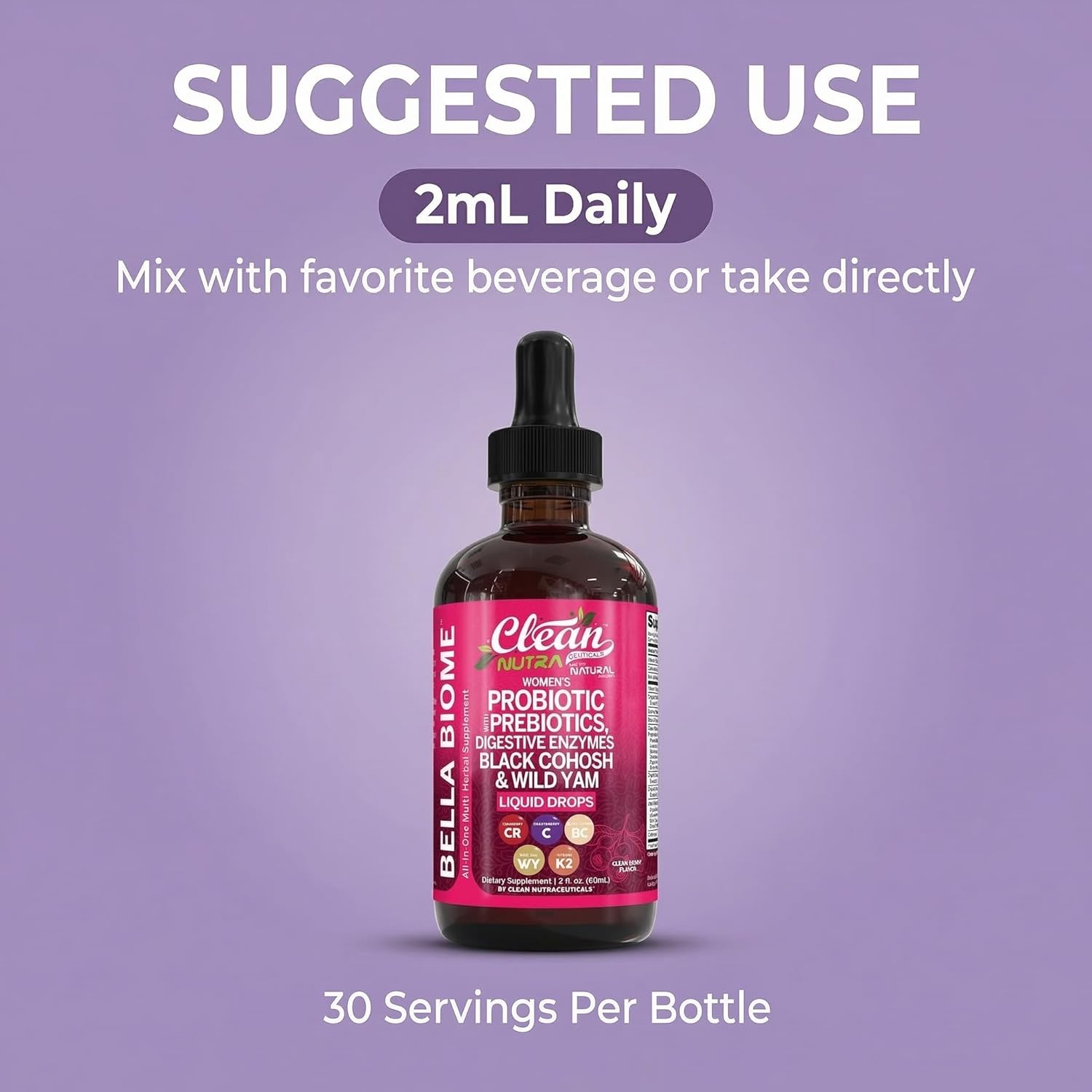 Liquid Probiotics for Women Drops with Chasteberry, Black Cohosh, Prebiotics, Digestive Enzymes, Evening Primrose Oil, Wild Yam, Cranberry Dmannose and Iron Vitamin D3 K2 Clean Nutra Bella Biotics - Image 6