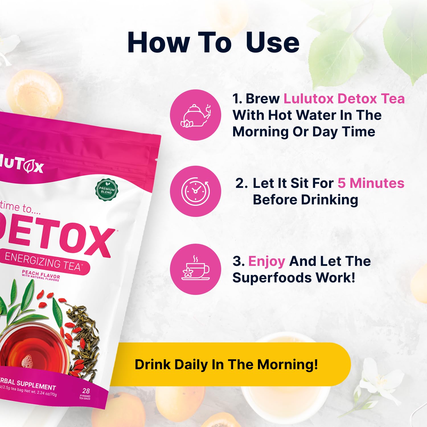 LULUTOX Detox Tea - Herbal Blend with Dandelion, Ginseng, and Ginger - Supports A Healthy Weight, Digestive Health - Vegan, All Natural, Laxative-Free - Peach Flavor (28 Servings) - Image 5
