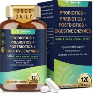 Totaria 5-in-1 60 Billion CFU Probiotic Prebiotic & Postbiotic for Women & Men, w/Digestive Enzymes, Slippery Elm, Daily Complete Gut Health, Digestive & Immune Support, 4 Month Supply, Vegan