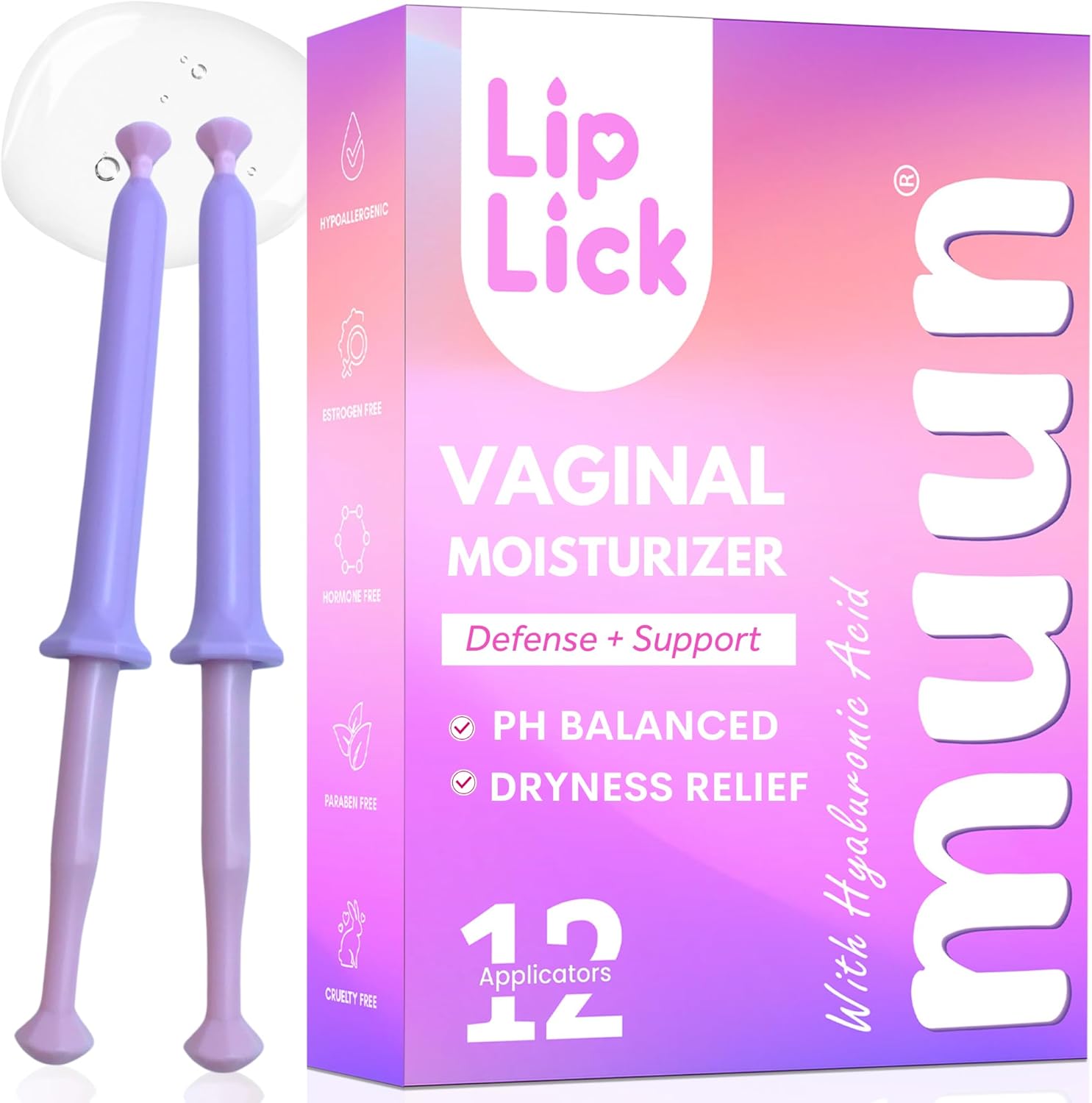 Muun Vaginal Moisturizer - Pack 12 Immediate Intimate Hydration - Dryness Burning Itching Discomfort Relief with Hyaluronic Acid - pH Balance - Estrogen & Hormone Free, Long-Lasting