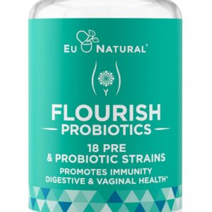 Flourish Probiotics + Prebiotics for Women - Gut and Digestion, Urinary Tract, Reduce Bloating, Vaginal Health - 18 Clinically Proven Strains, 14 Billion CFU - 30 Shelf-Stable Mini Vegan Capsules