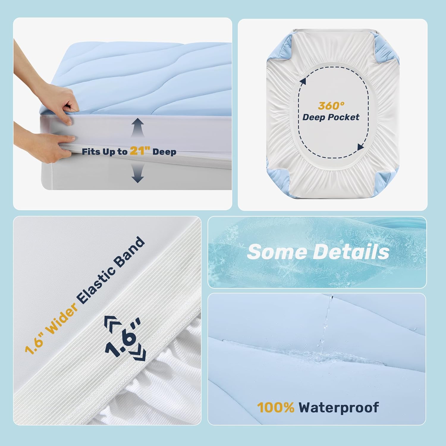 Unikome Ultra Soft Waterproof Queen Size Mattress Pad, Cooling Mattress Protector for Hot Sleepers, 5-Layers Noiseless Washable Mattress Cover with 8"-21" Deep Pocket (Light Blue, 60x80) - Image 7