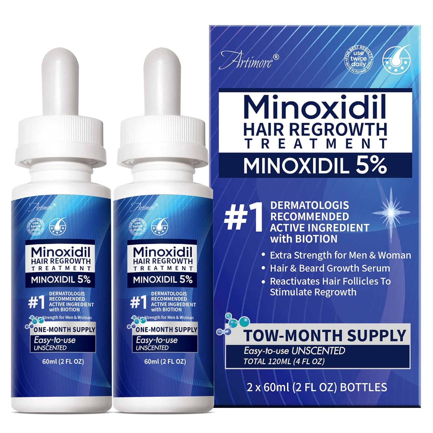5% Minoxidil Hair Growth Serum for Men & Women with Biotin: Minoxidil for Men and Women, 5 Percent, Hair Regrowth Treatment, Extra Strength (4 FL OZ, Dropper 2pcs)