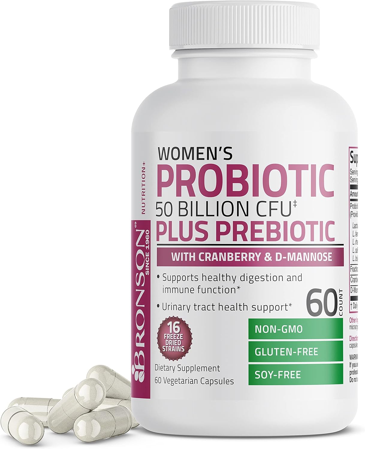 Bronson Women's Probiotic 50 Billion CFU + Prebiotic with Cranberry & D-Mannose – Vaginal Health, Healthy Digestion, Immune Function and Urinary Tract Support, Non-GMO, 60 Vegetarian Capsules - Image 5