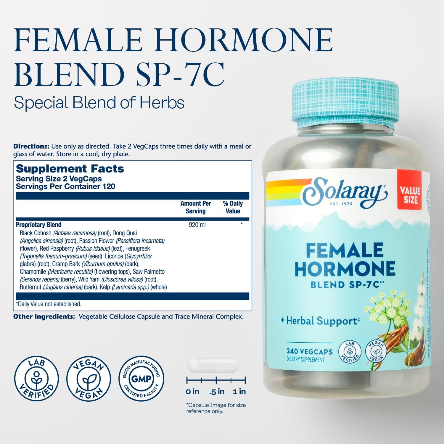 SOLARAY Female Hormone Blend SP-7C, Herbal Support Hormonal Balance for Women with Black Cohosh, Dong Quai, Wild Yam, and More, Vegan, Lab Verified, 60-Day Guarantee, 120 Servings, 240 VegCaps - Image 2