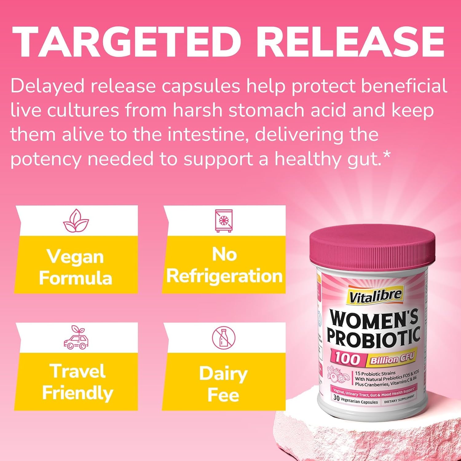 Vitalibre Probiotics for Women 100 Billion CFU 15 Strains, Daily Probiotic & Prebiotic Supplement with Organic Cranberry to Support Vaginal, Digestive, Immune Health, Shelf Stable, 30 Vegan Capsules - Image 7