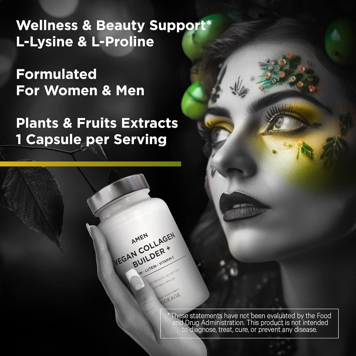 Amen Plant-Based Vegan Collagen Builder Supplement - Organic Whole Foods, Lutein, Vitamin C, Biotin, Lysine, Proline Collagen Boosters - Organic Cranberry, Lemon, Strawberry - Once A Day - 30 Capsules - Image 5