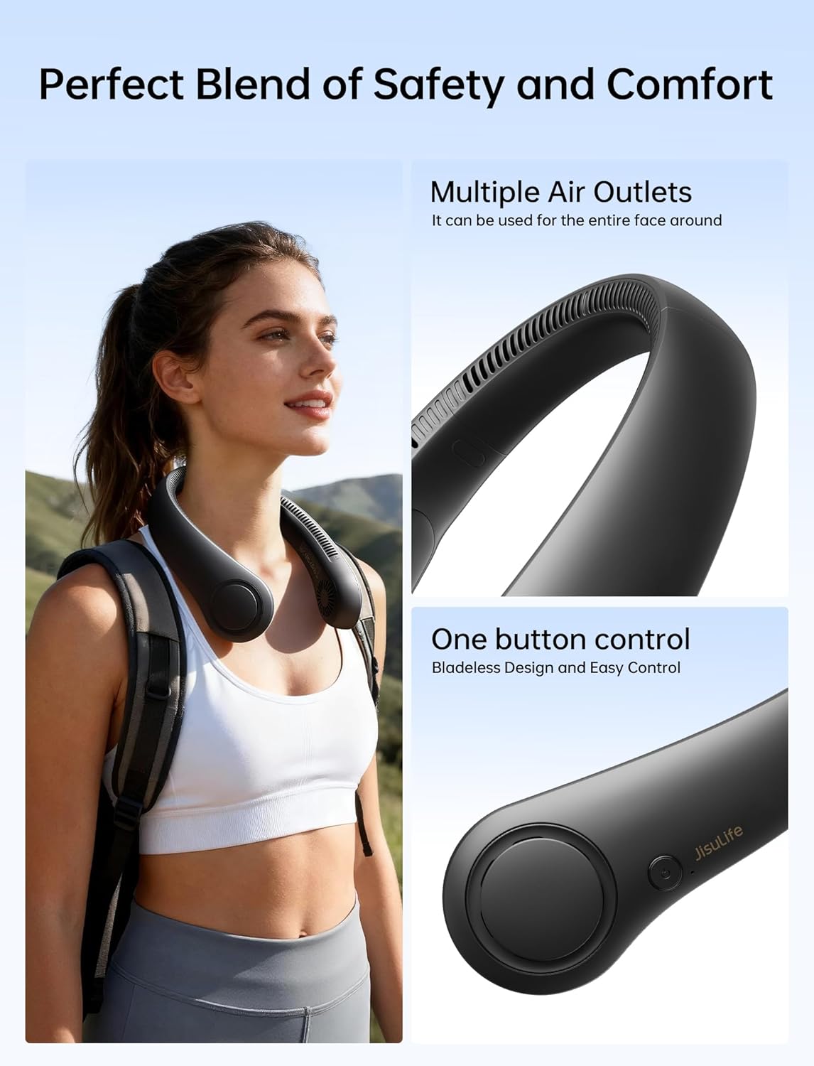 JISULIFE Portable Neck Fan, Hands-Free Bladeless, 5 Speeds, 4000 mAh Battery Operated Wearable Personal Fan, Twistable, Rechargeable, Gift for Women Men-Black - Image 4