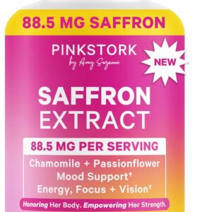 Pink Stork Saffron Extract for Mood Balance | 88.5mg Saffron with Chamomile & Passionflower | Stress, Calm + Cortisol Support for Women | Emotional Wellness + Hormonal Mood Balance | 30 Capsules