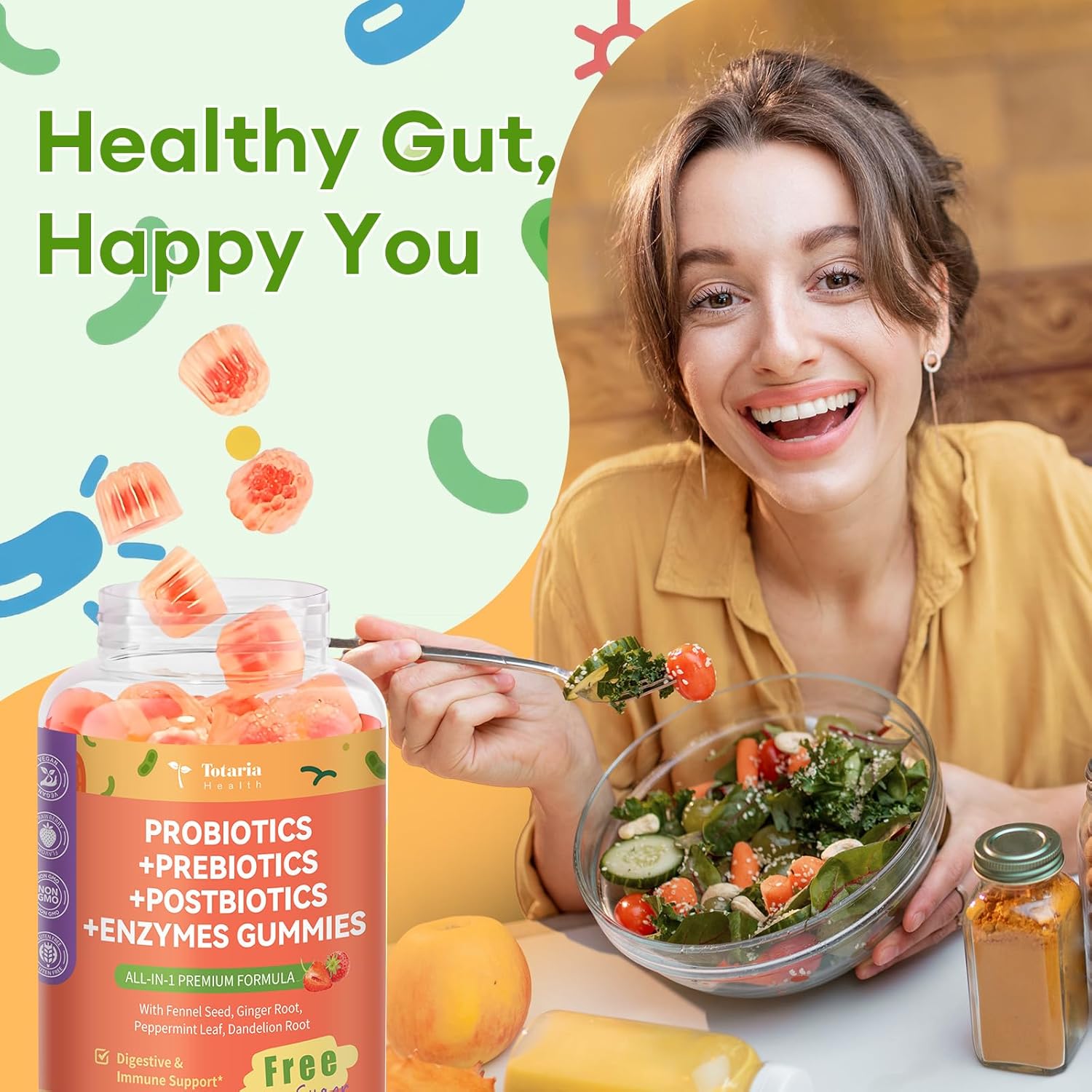 Totaria Sugar Free 5-in-1 Probiotic Prebiotic Postbiotic Gummy, 36 Strains Probiotics for Women Men with Digestive Enzymes, Peppermint, Complete Immune, Gut & Digestive Support, Vegan, 60 Counts - Image 8