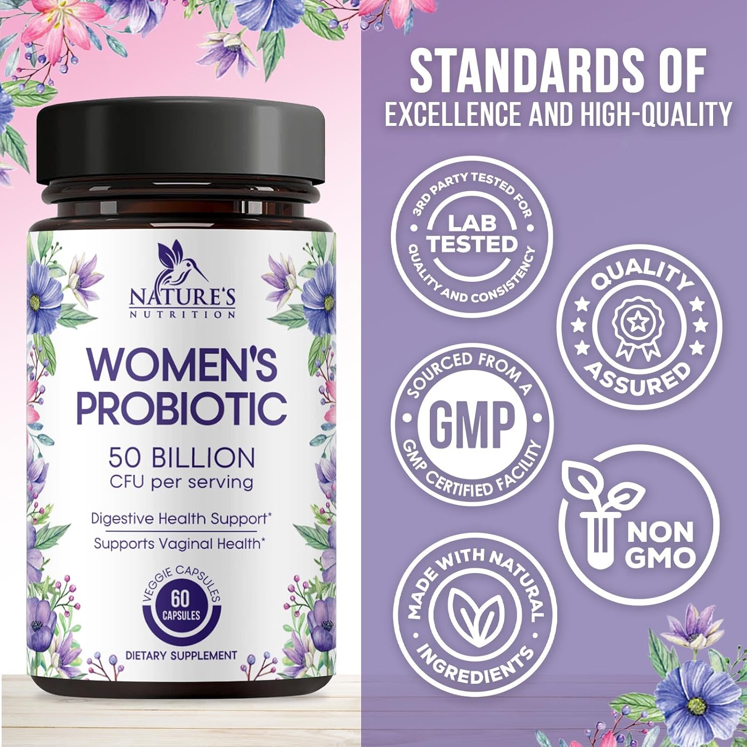 Probiotics for Women - Probiotic Blend 50 Billion CFU Per Cap - 16 Feminine Health Strains Women's Probiotic - Prebiotic for Vaginal PH Balance, Urinary UT Health Support - Bottled USA - 60 Capsules - Image 4